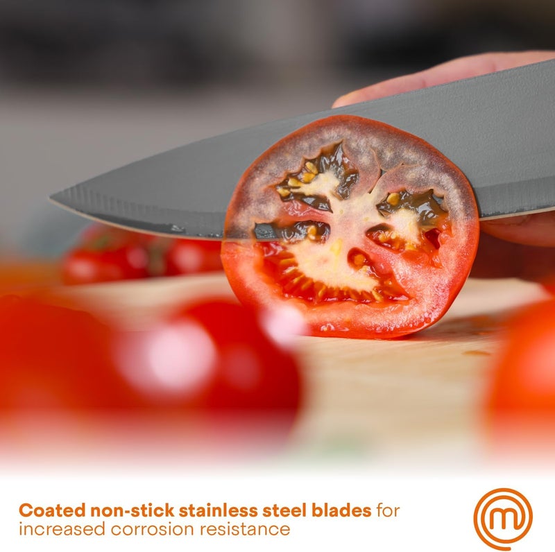 Master Chef Knife Block Set of 6 Kitchen Knives, Extra Sharp Stainless Steel Blades for Professional Cutting with Non Stick Coating & Soft Touch Easy Grip Handles in a Universal Holder, Earth Greys - Image 5